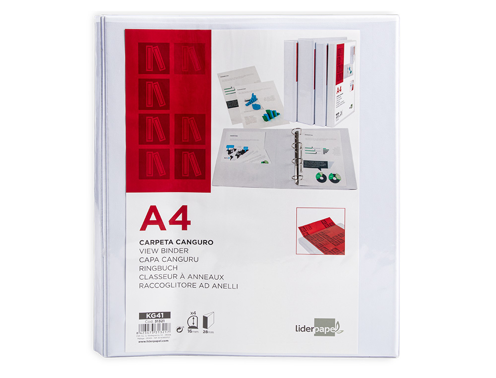 CLASSEUR KANGOUROU LIDERPAPEL 4 ANNEAUX 16MM 283X320MM DOCUMENT A4 PLASTIQUE DOS 28MM COLORIS BLANC