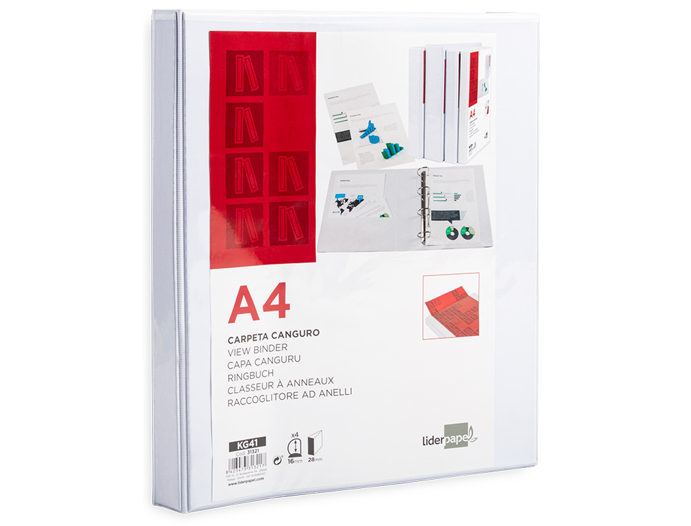 CLASSEUR KANGOUROU LIDERPAPEL 4 ANNEAUX 16MM 283X320MM DOCUMENT A4 PLASTIQUE DOS 28MM COLORIS BLANC