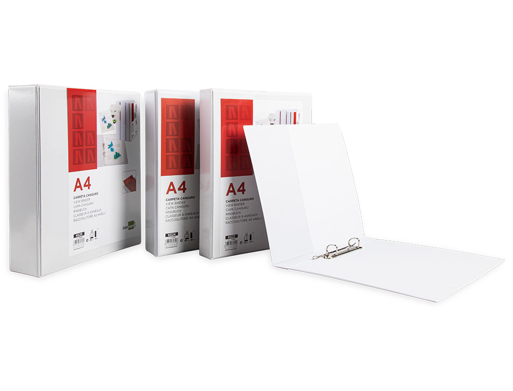 CLASSEUR KANGOUROU LIDERPAPEL 4 ANNEAUX 40MM 283X320MM DOCUMENT A4 PLASTIQUE DOS 68MM COLORIS BLANC