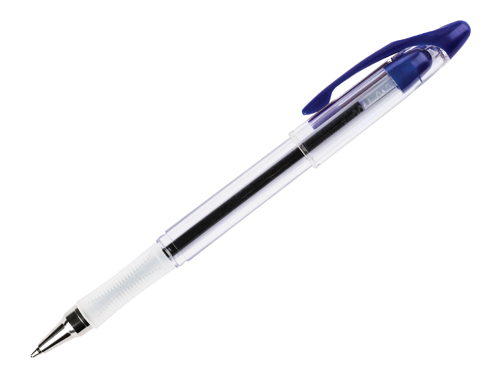 STYLO-BILLE Q-CONNECT TRANSPARENT TRAIT 0.4MM POINTE MOYENNE 0.7MM ENCRE DOUCE GRIP CAOUTCHOUC COLORIS BLEU