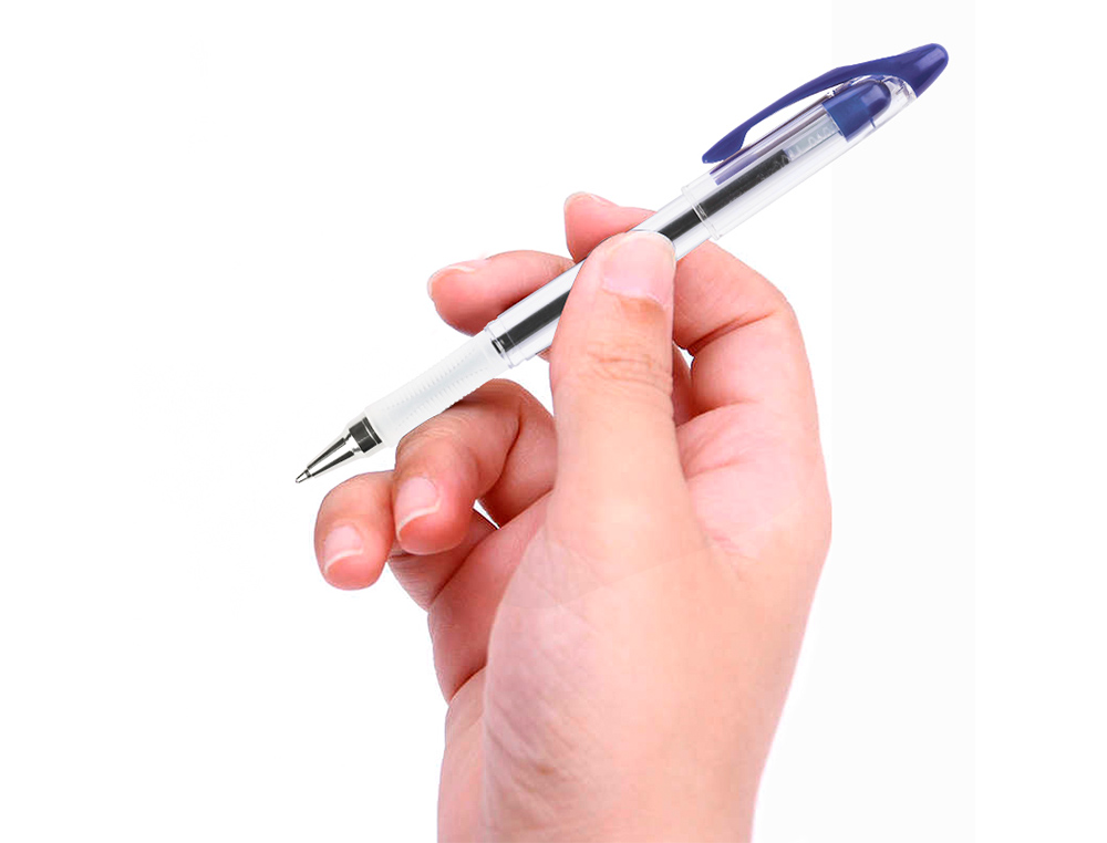 STYLO-BILLE Q-CONNECT TRANSPARENT TRAIT 0.4MM POINTE MOYENNE 0.7MM ENCRE DOUCE GRIP CAOUTCHOUC COLORIS BLEU