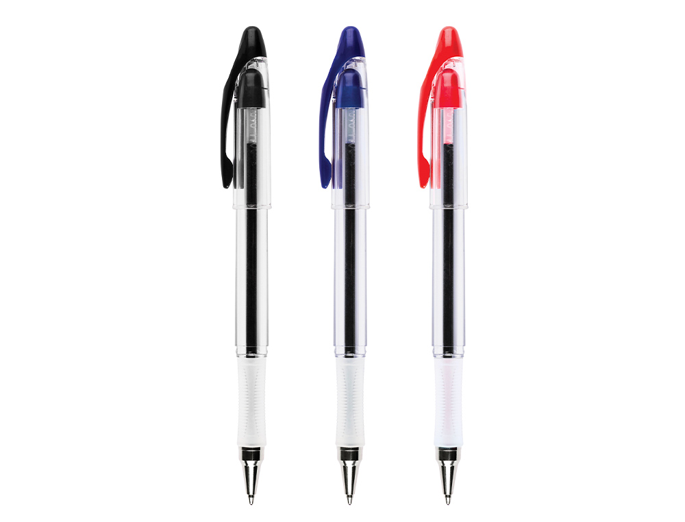 STYLO-BILLE Q-CONNECT TRANSPARENT TRAIT 0.4MM POINTE MOYENNE 0.7MM ENCRE DOUCE GRIP CAOUTCHOUC COLORIS BLEU