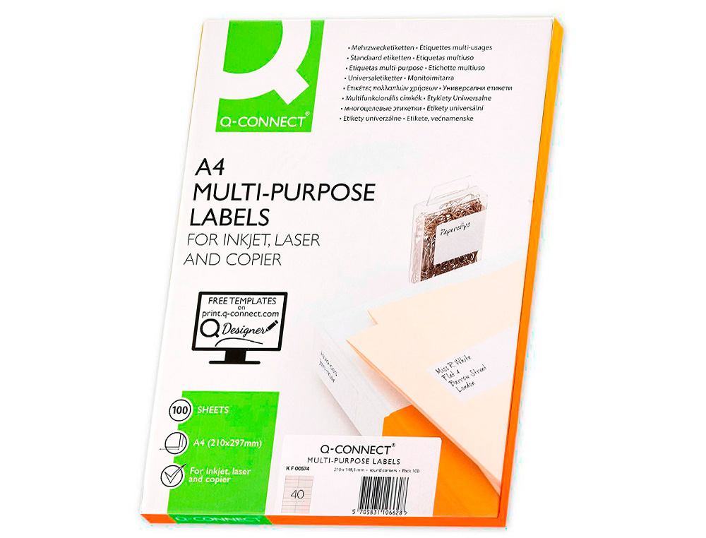 ÉTIQUETTE ADHÉSIVE Q-CONNECT 52.5X29.7MM COINS DROITS IMPRIMANTE JET ENCRE LASER COPIEUR BOÎTE 100 FEUILLES 4000 UNITÉS