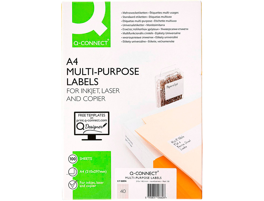 ÉTIQUETTE ADHÉSIVE Q-CONNECT 52.5X29.7MM COINS DROITS IMPRIMANTE JET ENCRE LASER COPIEUR BOÎTE 100 FEUILLES 4000 UNITÉS