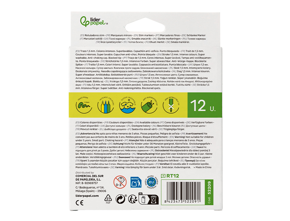 FEUTRE COLORIAGE LIDERPAPEL SLIM LONGUEUR CRITURE 800M POINTE NYLON 2MM DIAMTRE TUI CARTON 12 UNITS