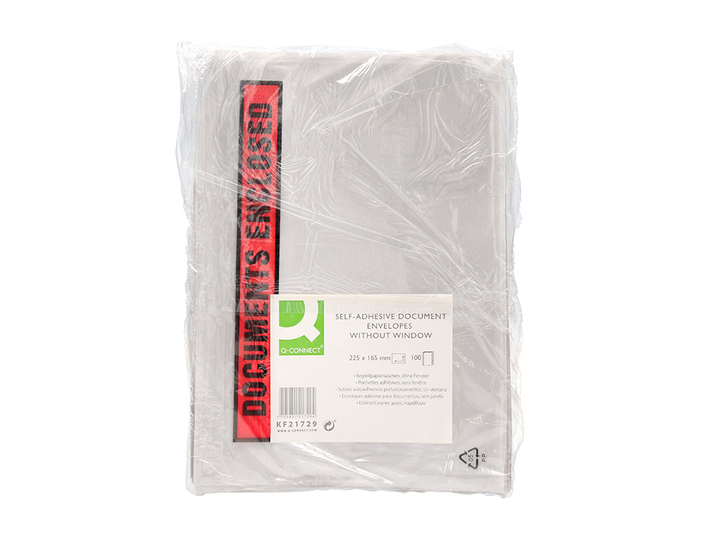 POCHETTE DOCUMENTS CI-INCLUS Q-CONNECT AUTO-ADHESIVE       TRANSPARENTE 225X165MM TEXTE  ANGLAIS PAQUET 100 UNITES