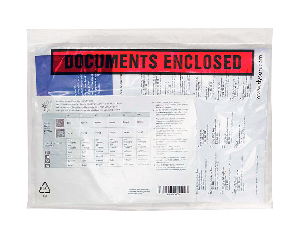 POCHETTE DOCUMENTS CI-INCLUS Q-CONNECT AUTO-ADHESIVE       TRANSPARENTE 225X165MM TEXTE  ANGLAIS PAQUET 100 UNITES