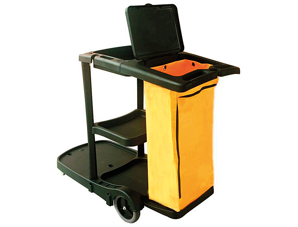 CHARIOT NETTOYAGE Q-CONNECT POLYPROPYLNE ROUES POCHE ZIP 2 TAGRES PLATEFORME SUPPORT SEAU 58X24X96CM