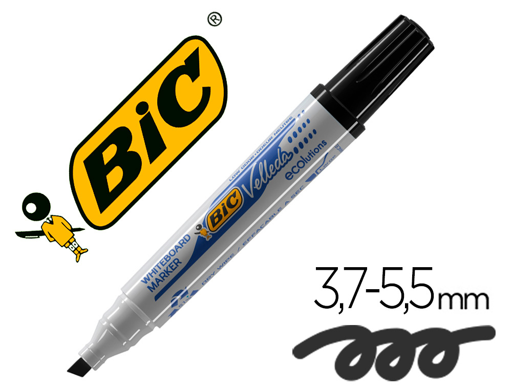MARQUEUR BIC VELLEDA 1751 EFFAABLE POINTE BISEAUTE TRAC 2/5MM ENCRE BASE ALCOOL INODORE CORPS PLASTIQUE NOIR