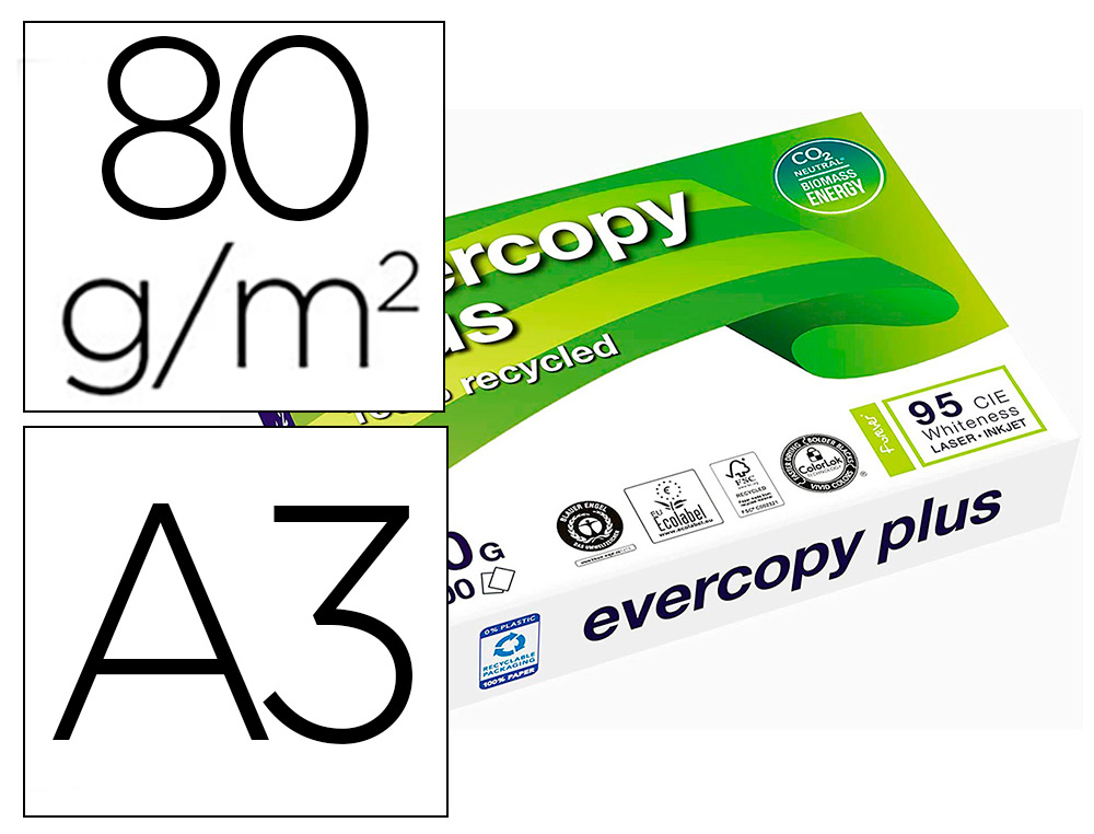 PAPIER CLAIREFONTAINE BLANC 100% RECYCLE MULTIFONCTION    EVERCOPY A3 80G/M2 BLANCHEUR  95 CIE