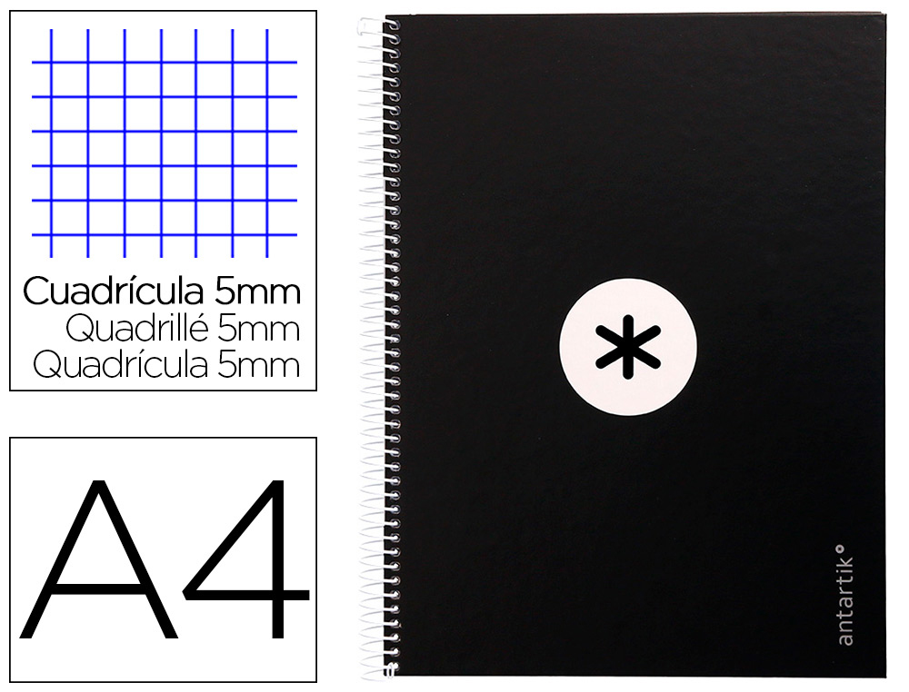 CAHIER SPIRALE LIDERPAPEL ANTARTIK A4 160P 90G          COUVERTURE REMBORD E 5X5MM 4  TROUS 1 BANDE COLORIS NOIR