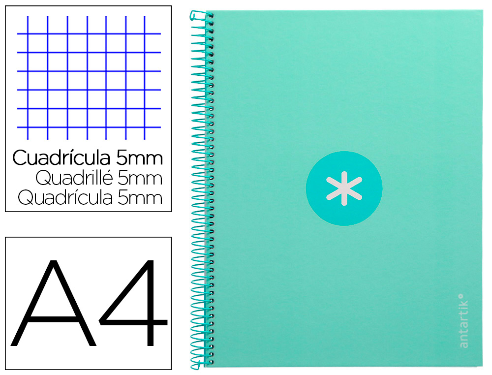 CAHIER SPIRALE LIDERPAPEL ANTARTIK A4 160P 90G          COUVERTURE REMBORD E 5X5MM 4  TROUS 1 BANDE COLORIS MENTHE