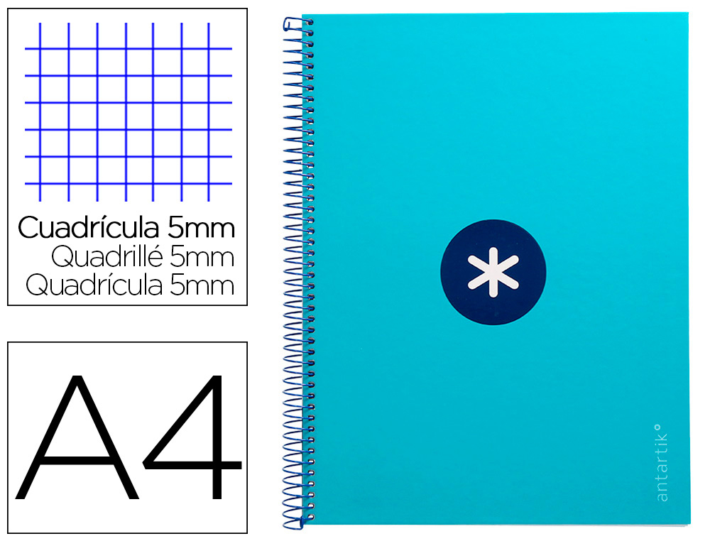 CAHIER SPIRALE LIDERPAPEL ANTARTIK A4 160P 90G COUV     REMBORDEE 5X5MM 4 TROUS       1 BANDE COLORIS TURQUOISE