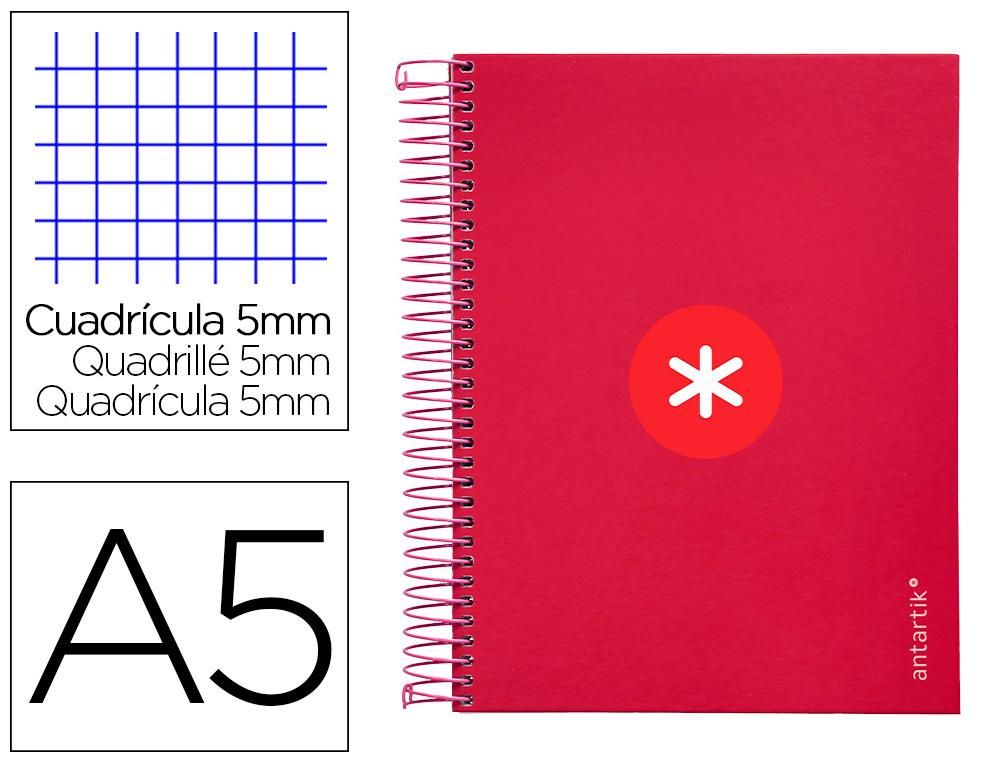 CAHIER SPIRALE LIDERPAPEL ANTARTIK A5 14,8X21CM 240P    90G/M2 5X5MM 6 TROUS COIL-LOCKCOLORIS FRAMBOISE