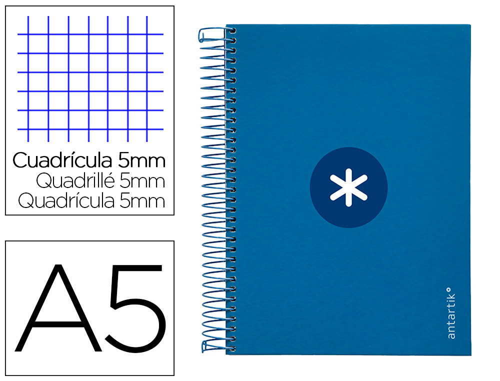 CAHIER SPIRALE LIDERPAPEL ANTARTIK A5 14,8X21CM 240P    90G/M2 5X5MM 6 TROUS COIL-LOCKCOLORIS BLEU MARINE