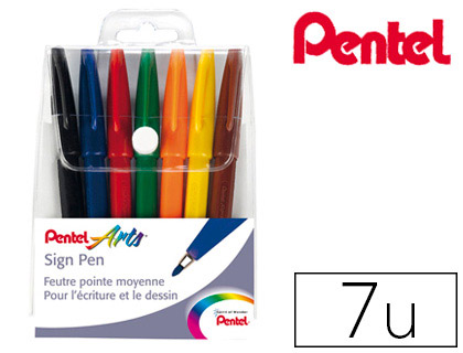STYLO-FEUTRE PENTEL SIGN PEN CRITURE LARGE 0.8MM POINTE FIBRE ACRYLIQUE ENCRE SOLUBLE EAU POCHETTE 7 COULEURS ASSORTIES