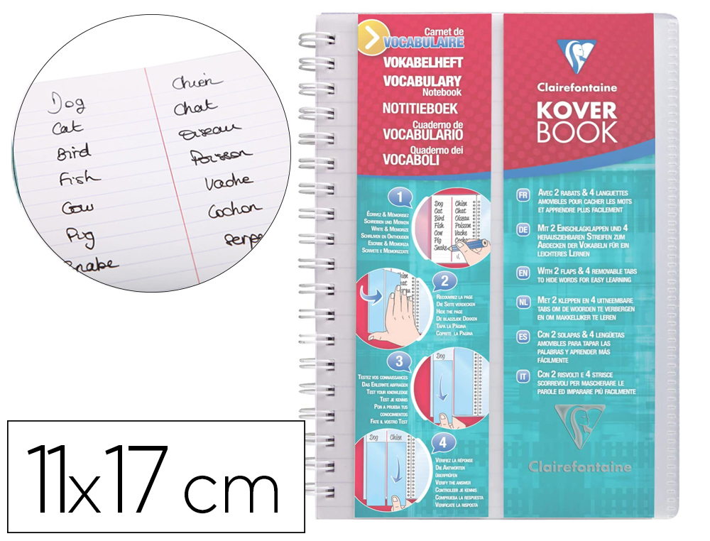 KOVERBOOK CLAIREFONTAINE CARNET VOCABULAIRE RELIURE INTEGRALE COUVERTURE PP TRANSPARENT 2 RABATS 11X17CM 100P LIGNE 90G