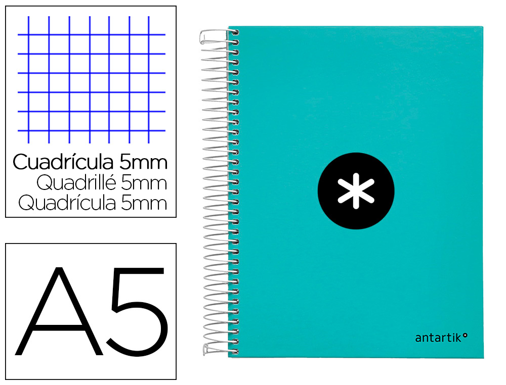 CAHIER SPIRALE LIDERPAPEL ANTARTIK A5 240P 90G REMBORD QUADRILLAGE 5MM MICROPERFOR 5BANDES 6 TROUS COLORIS MENTHE