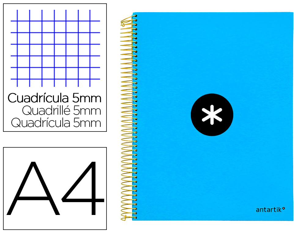 CAHIER SPIRALE LIDERPAPEL ANTARTIK A4 240P 100G COUVERTURE REMBORDE QUADRILLAGE 5MM 4 TROUS COIL-LOCK COLORIS BLEU