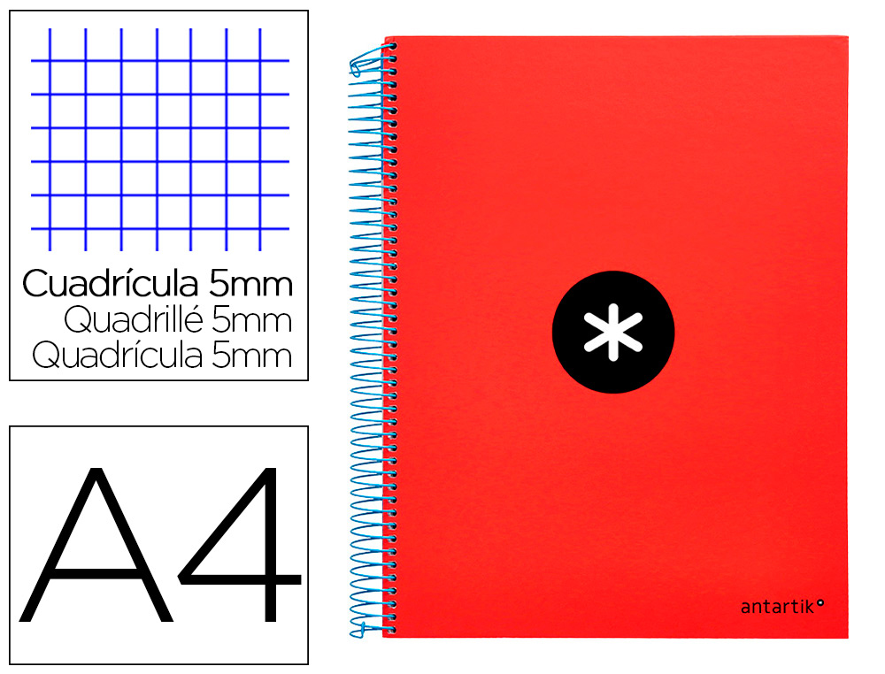 CAHIER SPIRALE LIDERPAPEL ANTARTIK A4 240P 100G COUVERTURE REMBORDE QUADRILLAGE 5MM 4 TROUS COIL-LOCK COLORIS ROUGE