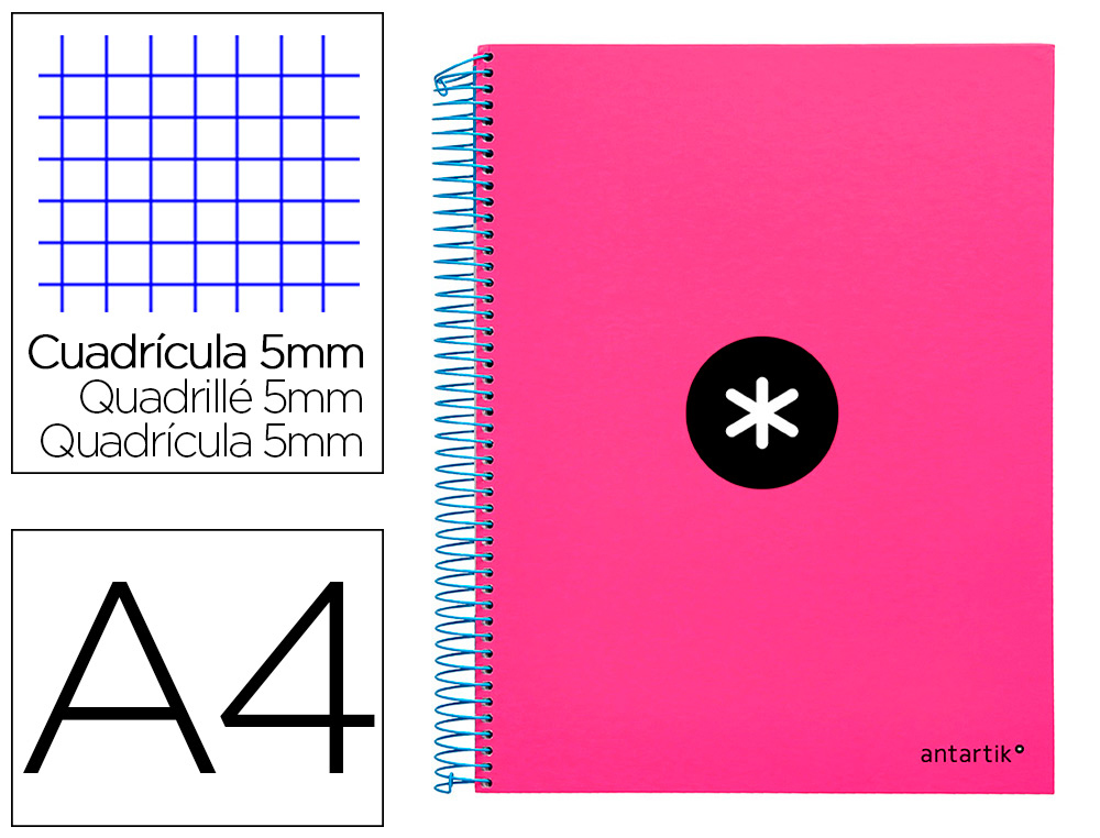 CAHIER SPIRALE LIDERPAPEL ANTARTIK A4 240P 100G COUVERTURE REMBORDE QUADRILLAGE 5MM 4 TROUS COIL-LOCK COLORIS ROSE FLUO