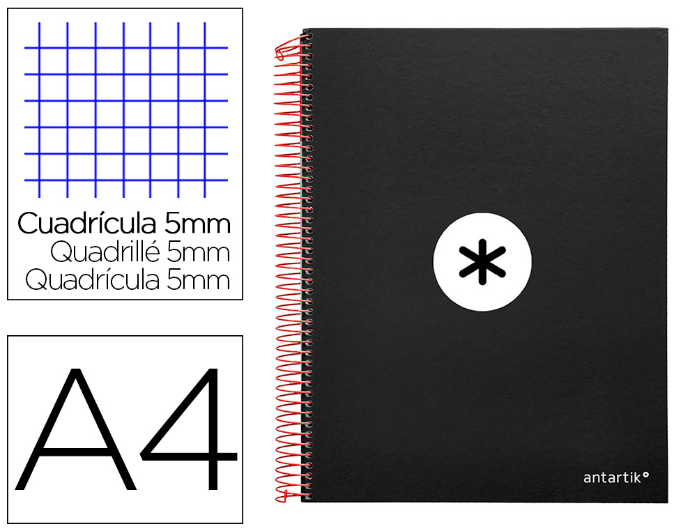 CAHIER SPIRALE LIDERPAPEL ANTARTIK A4 240P 100G COUVERTURE REMBORDE QUADRILLAGE 5MM 4 TROUS COIL-LOCK COLORIS NOIR