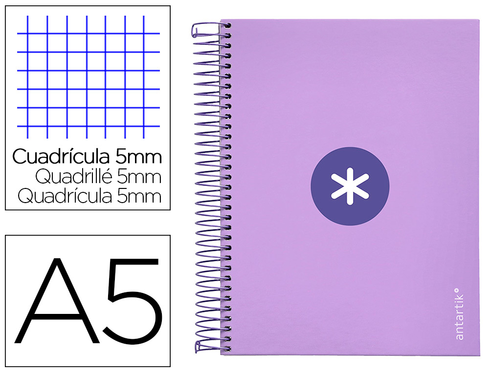 CAHIER SPIRALE LIDERPAPEL ANTARTIK A5 14,8X21CM 240P    90G/M2 QUADRILLAGE 5MM 6 TROUSCOIL-LOCK COLORIS LAVANDE