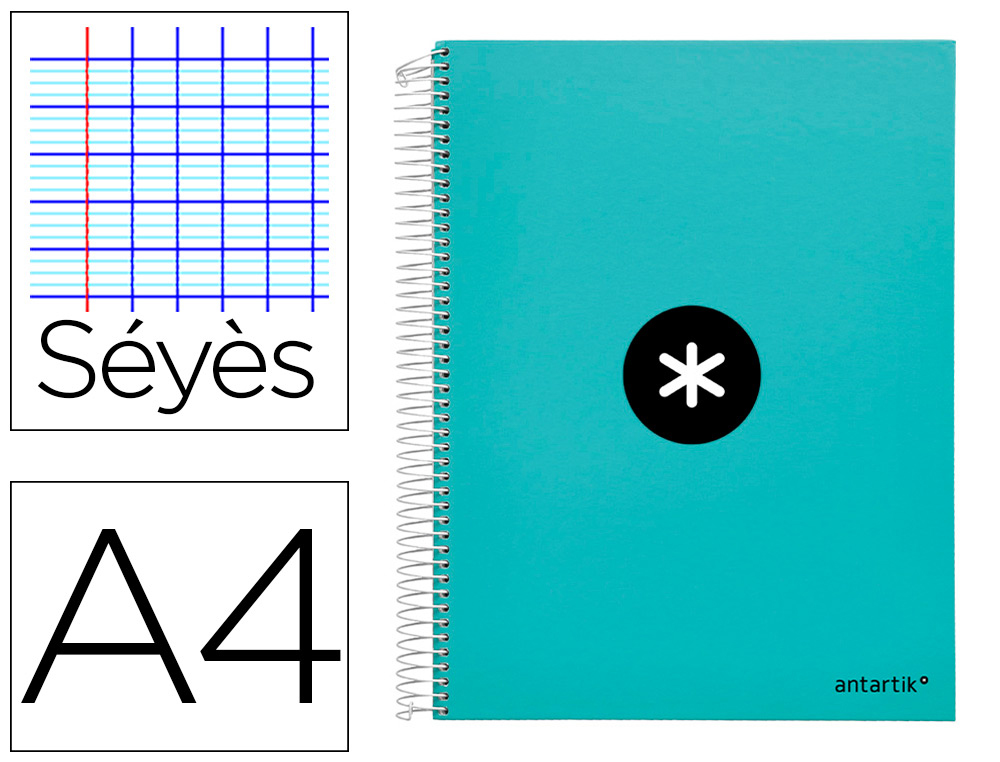 CAHIER SPIRALE LIDERPAPEL ANTARTIK A4 100G COUVERTURE   REMBORDEE SEYES SANS BANDES 4 TROUS 120F COLORIS MENTHE