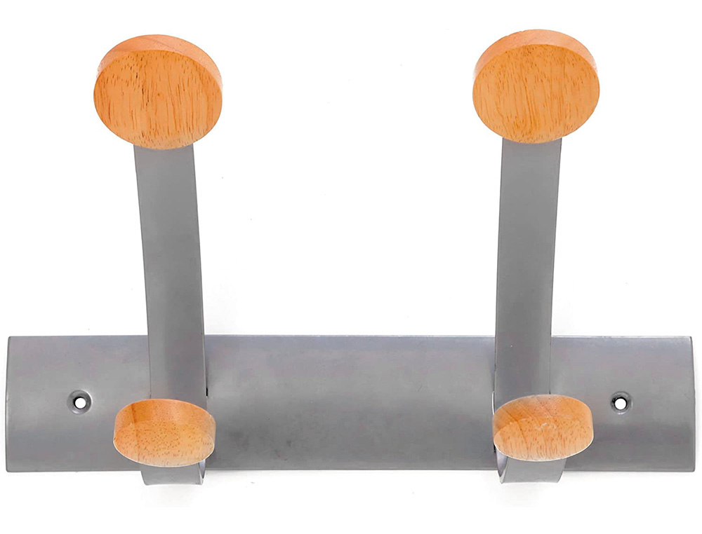PATERE MURALE DOUBLE ALBA ACIER SUPPORTE 10KG HAUTEUR   17,4CM DIAMETRE CROCHETS 4 ET 5 CM COLORIS GRIS METAL/BOIS