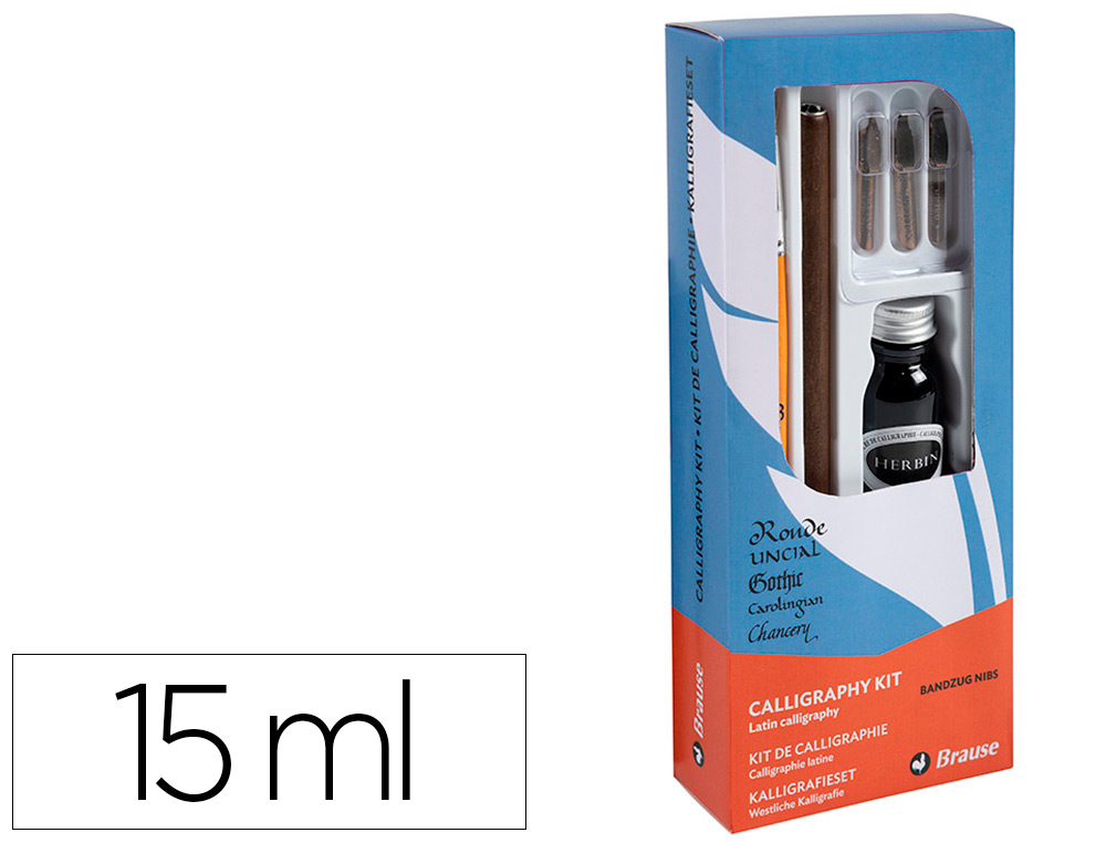 COFFRET PLUMES-CALLIGRAPHIE BRAUSE COMPOS  DE 1 PLUME EN  BOIS 3 PLUMES 1 PINCEAU 1     FLACON D'ENCRE NOIRE 15ML