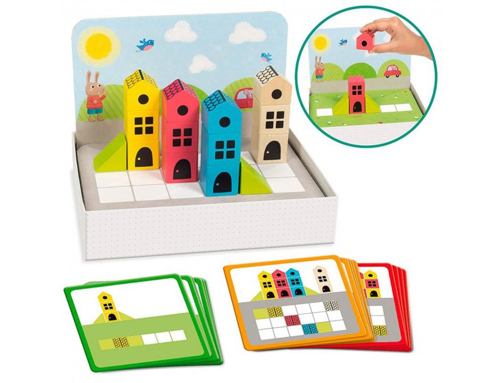 SYMETRIE ET SPATIALISATION GOULA LOGIC CITY JEU EN 3D    REPRODUCTION CONSTRUCTIONS 14 PIECES EN BOIS 45 CARTES 3