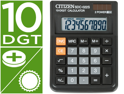 CALCULATRICE CITIZEN BUREAU SDC-022S 10 CHIFFRES MMOIRE RACINE CARRE POURCENTAGE SOLAIRE/PILE 119.7X87X23.1MM 66G