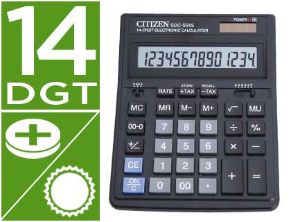CALCULATRICE CITIZEN BUREAU SDC-554S 14 CHIFFRES RACINE CARRE TAXE SOLAIRE/PILE 199X153X31MM 209G COLORIS NOIR