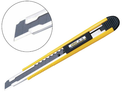 CUTTER OLFA A5 AMBIDEXTRE LAME ACIER 9MM VEROUILLAGE AUTOMATIQUE CLIP EMBOUT CASSE LAME COLORIS JAUNE/NOIR