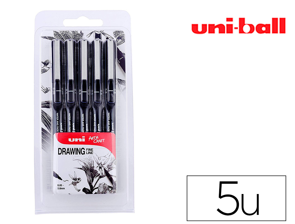POCHETTE 5 FEUTRES TECHNIQUES UNIBALL PIN POINTE CALIBRE O,05MM/0,2M/0,4MM/0,5MM/0,7MM ENCRE NOIRE TRAC NET ET PRCIS