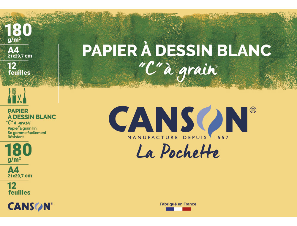 PAPIER DESSIN CANSON C  GRAIN CRAYON ENCRE GOUACHE FEUTRE 180G A4 POCHETTE 12F