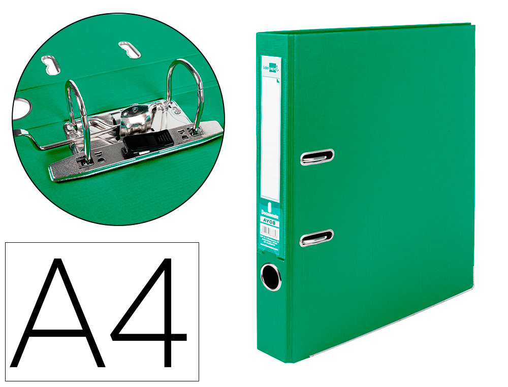 CLASSEUR LEVIER LIDERPAPEL A4 DOCUMENTA CARTON REMBORD 1,9MM DOS 52MM RADO MTALLIQUE COLORIS VERT